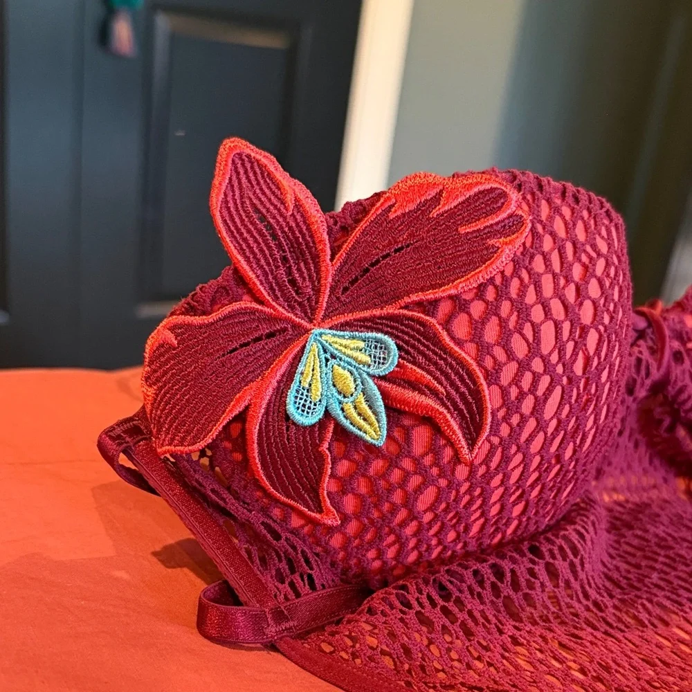RARE VS, Open back Maroon Mesh Bandeau Bodysuit w/ Tropical Flower Detail - Picture 10 of 10